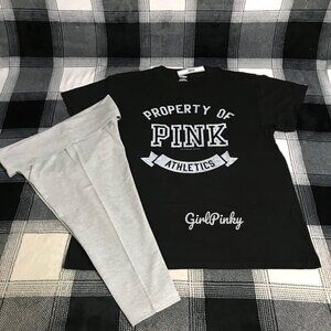 VS PINK CAPRI GREY COTTON LEGGINGS OUTFIT WITH CAMPUS LOGO TEE ALL SIZES